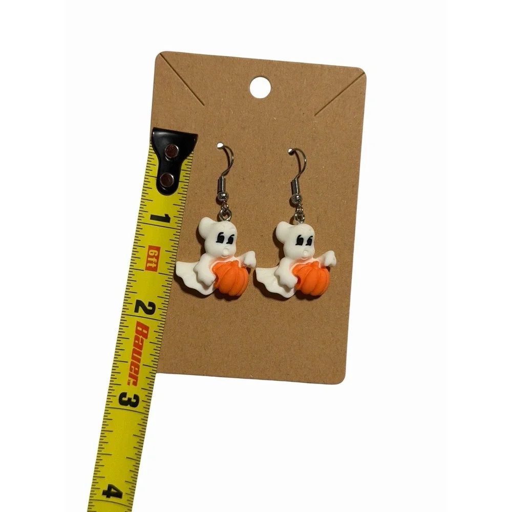 Halloween‎ Ghost Pumpkin Dangle Earrings White Orange Spooky Jewelry